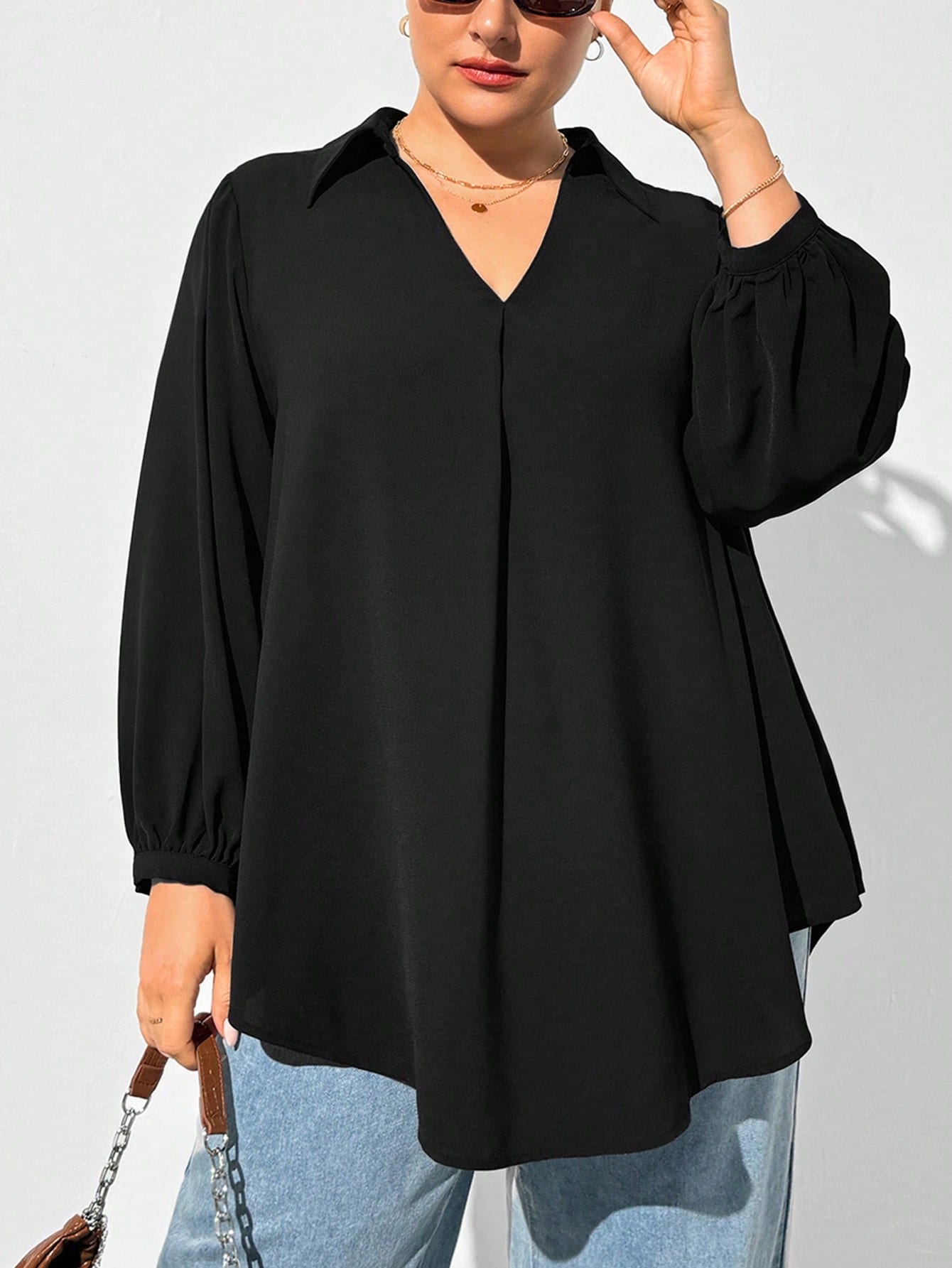 Shapeblank Plus Size Women's Black Autumn Casual Business Casual Elegant Everyday Loose V-Neck Long-Sleeved Shirt Blouse Curv Tops Business Formal Office Wear