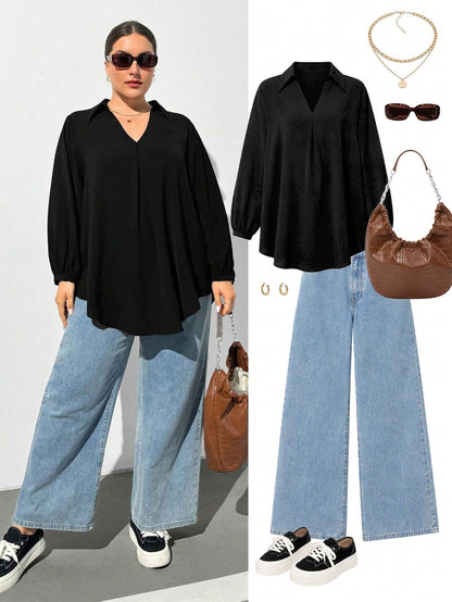 Shapeblank Plus Size Women's Black Autumn Casual Business Casual Elegant Everyday Loose V-Neck Long-Sleeved Shirt Blouse Curv Tops Business Formal Office Wear