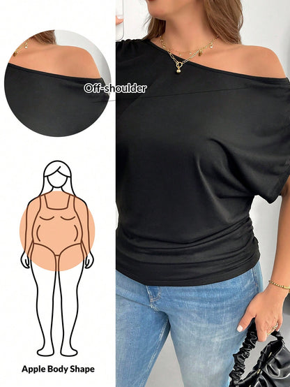 Shapeblank Plus Size Women's Black Off-Shoulder Short-Sleeved T-Shirt, Loose Casual Sexy Smart Casual Night Out Gender Reveal Club Summer Tops, Versatile Clothes
