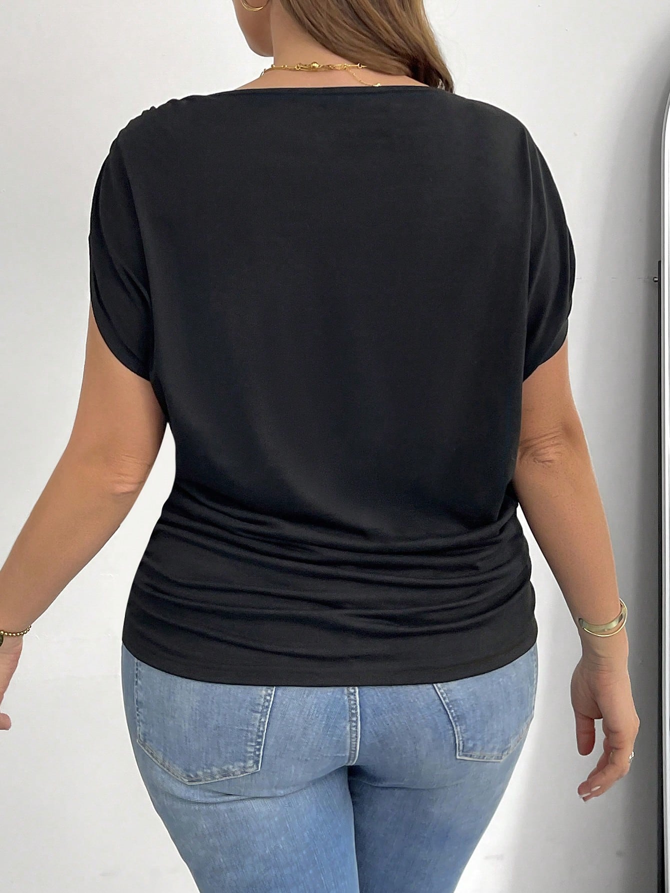 Shapeblank Plus Size Women's Black Off-Shoulder Short-Sleeved T-Shirt, Loose Casual Sexy Smart Casual Night Out Gender Reveal Club Summer Tops, Versatile Clothes