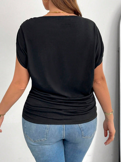 Shapeblank Plus Size Women's Black Off-Shoulder Short-Sleeved T-Shirt, Loose Casual Sexy Smart Casual Night Out Gender Reveal Club Summer Tops, Versatile Clothes