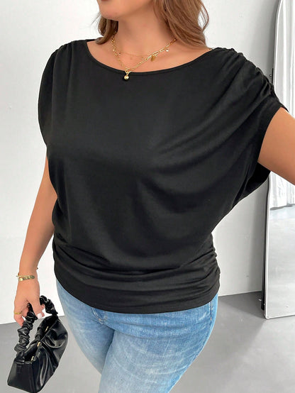 Shapeblank Plus Size Women's Black Off-Shoulder Short-Sleeved T-Shirt, Loose Casual Sexy Smart Casual Night Out Gender Reveal Club Summer Tops, Versatile Clothes