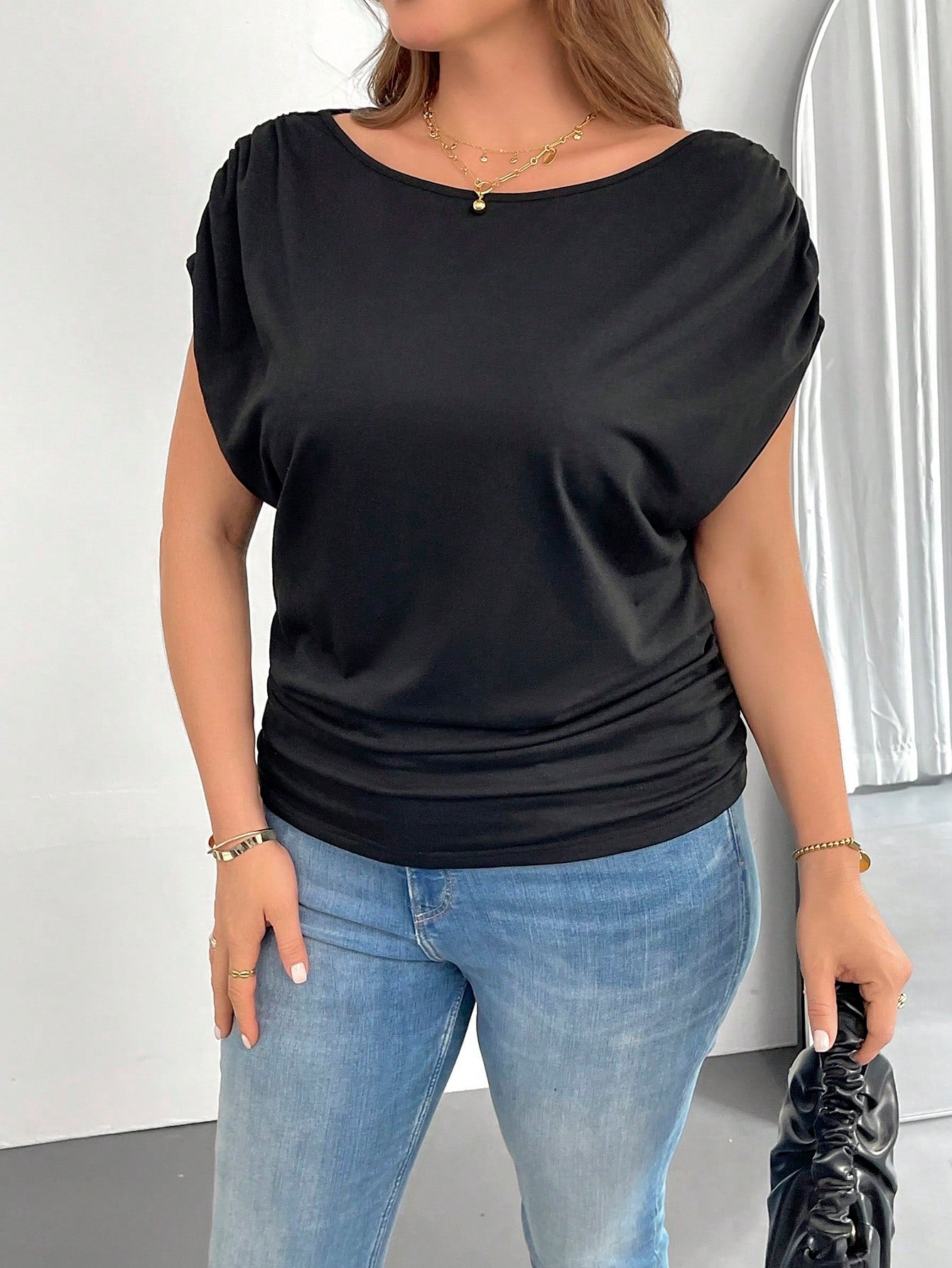 Shapeblank Plus Size Women's Black Off-Shoulder Short-Sleeved T-Shirt, Loose Casual Sexy Smart Casual Night Out Gender Reveal Club Summer Tops, Versatile Clothes