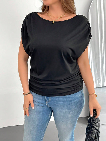 Shapeblank Plus Size Women's Black Off-Shoulder Short-Sleeved T-Shirt, Loose Casual Sexy Smart Casual Night Out Gender Reveal Club Summer Tops, Versatile Clothes