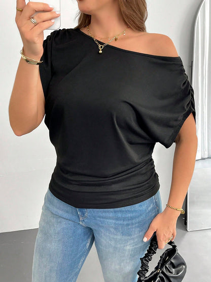 Shapeblank Plus Size Women's Black Off-Shoulder Short-Sleeved T-Shirt, Loose Casual Sexy Smart Casual Night Out Gender Reveal Club Summer Tops, Versatile Clothes