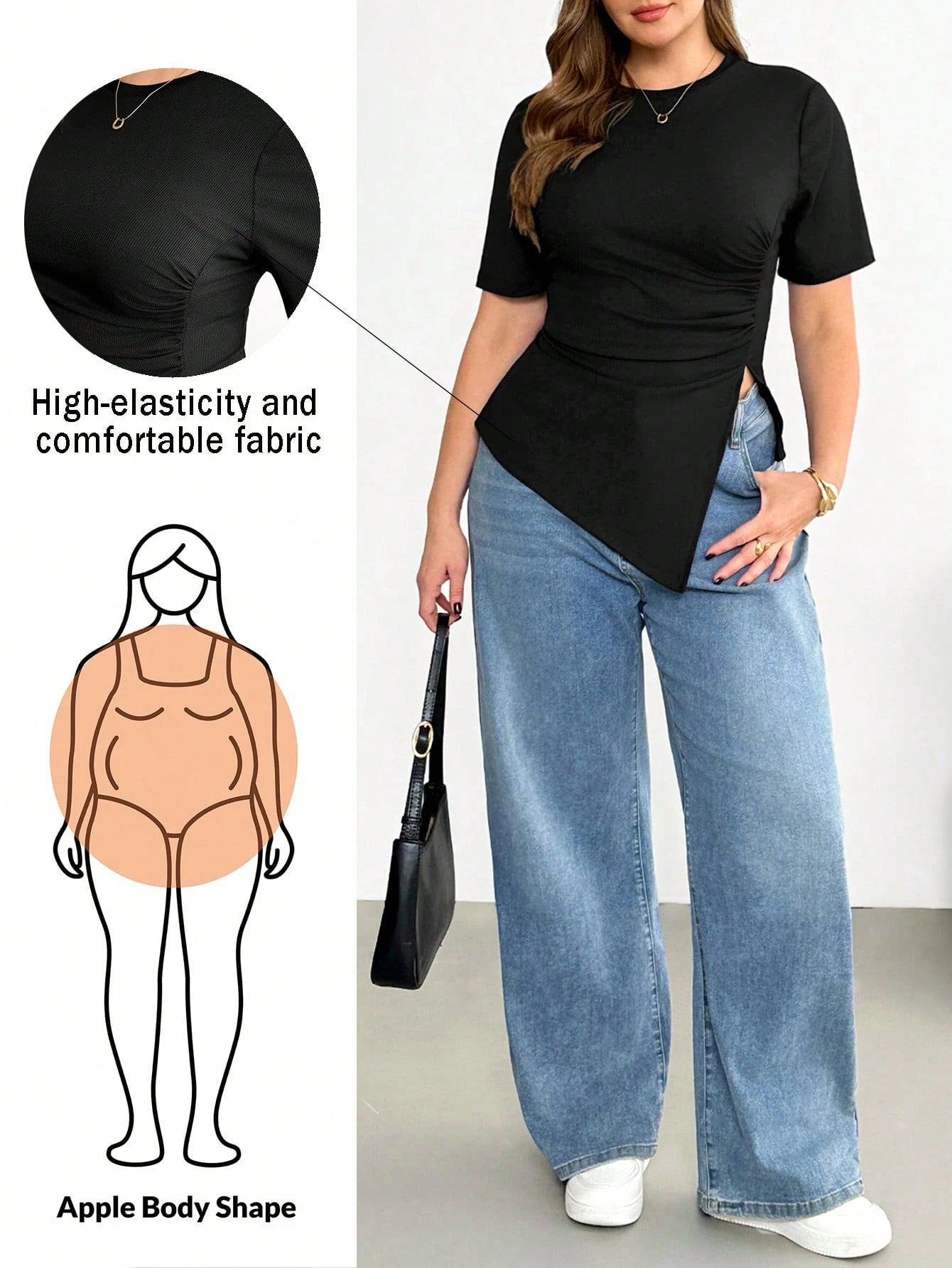 Shapeblank Plus Size Women's Black Summer Smart Casual Business Casual Everyday Short Sleeve T-Shirt Stretchy Comfortable Asymmetric Hem Ruched Waist Tops Office