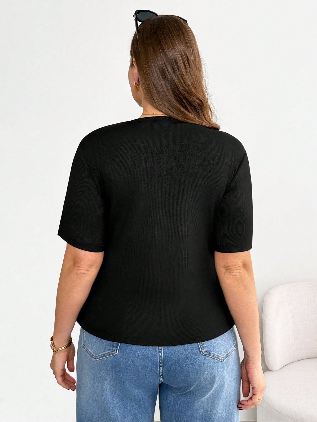 Shapeblank Plus Size Women's Black Summer Smart Casual Business Casual Everyday Short Sleeve T-Shirt Stretchy Comfortable Asymmetric Hem Ruched Waist Tops Office