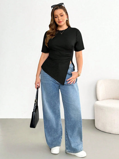 Shapeblank Plus Size Women's Black Summer Smart Casual Business Casual Everyday Short Sleeve T-Shirt Stretchy Comfortable Asymmetric Hem Ruched Waist Tops Office