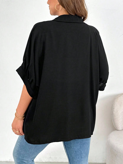 Shapeblank Plus Size Women's Black Summer Smart Casual Elegant Button Shirt,Everyday Loose Comfortable Blouse,Work Office Bussines Formal Tops,Teachers' Day
