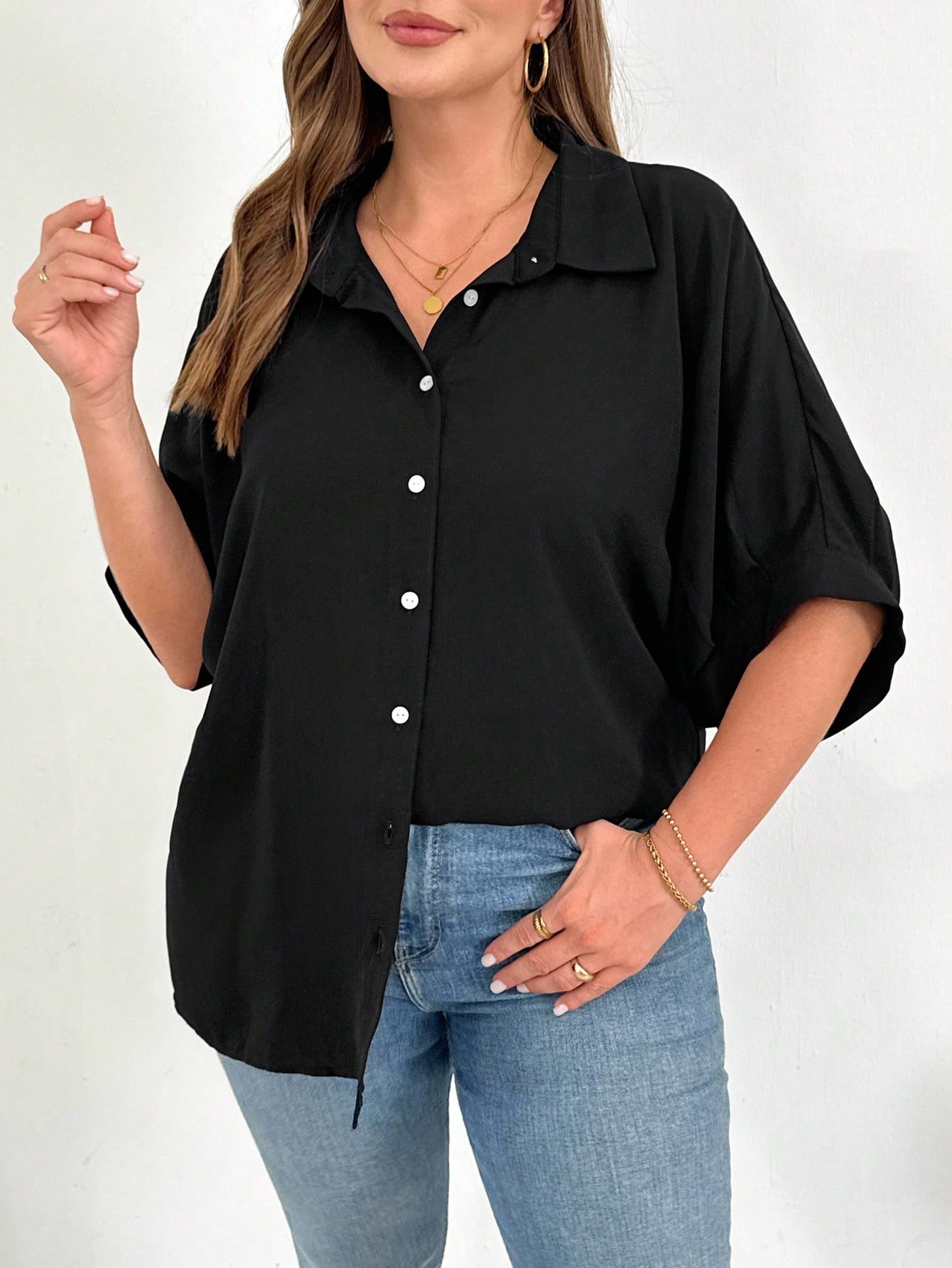 Shapeblank Plus Size Women's Black Summer Smart Casual Elegant Button Shirt,Everyday Loose Comfortable Blouse,Work Office Bussines Formal Tops,Teachers' Day