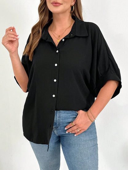 Shapeblank Plus Size Women's Black Summer Smart Casual Elegant Button Shirt,Everyday Loose Comfortable Blouse,Work Office Bussines Formal Tops,Teachers' Day