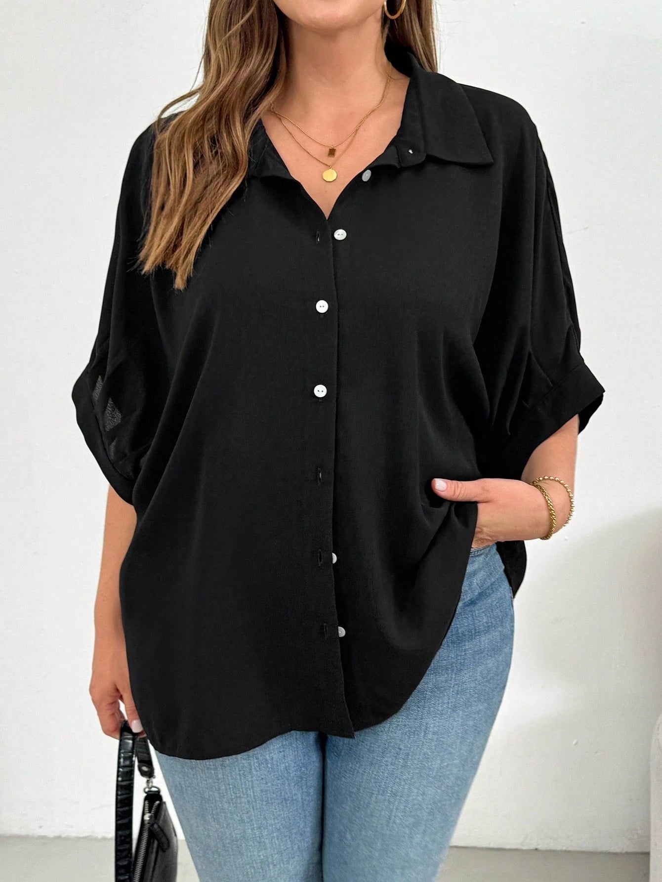 Shapeblank Plus Size Women's Black Summer Smart Casual Elegant Button Shirt,Everyday Loose Comfortable Blouse,Work Office Bussines Formal Tops,Teachers' Day