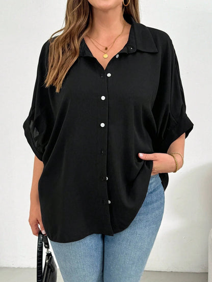 Shapeblank Plus Size Women's Black Summer Smart Casual Elegant Button Shirt,Everyday Loose Comfortable Blouse,Work Office Bussines Formal Tops,Teachers' Day