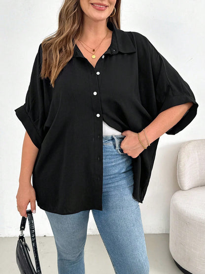 Shapeblank Plus Size Women's Black Summer Smart Casual Elegant Button Shirt,Everyday Loose Comfortable Blouse,Work Office Bussines Formal Tops,Teachers' Day