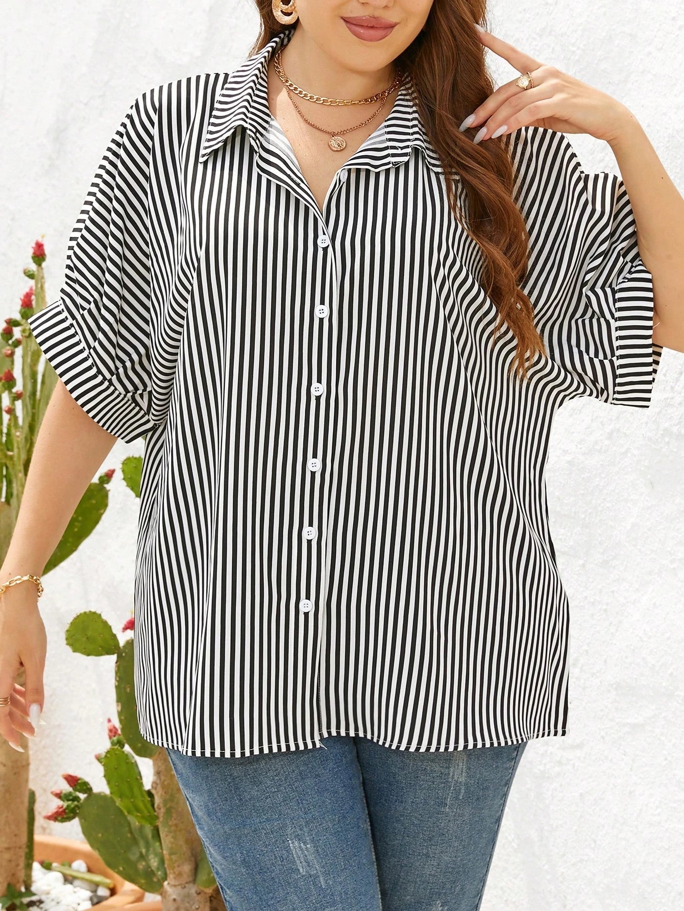 Shapeblank Plus Size Women's Black Summer Smart Casual Elegant Button Shirt,Everyday Loose Comfortable Blouse,Work Office Bussines Formal Tops,Teachers' Day