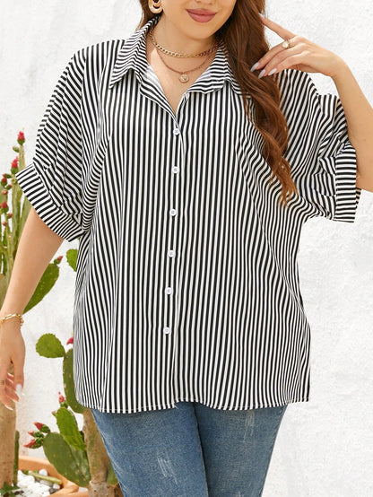 Shapeblank Plus Size Women's Black Summer Smart Casual Elegant Button Shirt,Everyday Loose Comfortable Blouse,Work Office Bussines Formal Tops,Teachers' Day