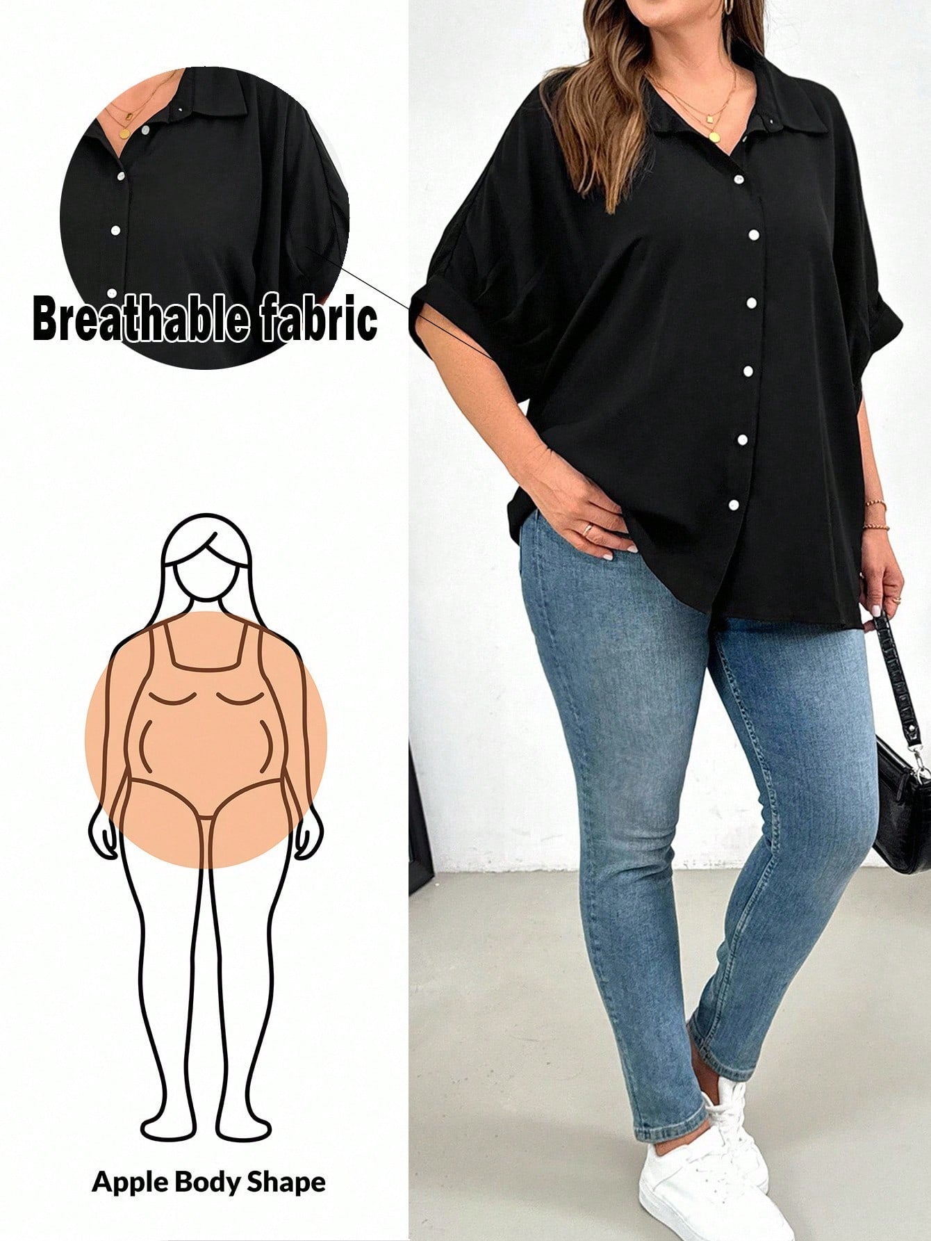 Shapeblank Plus Size Women's Black Summer Smart Casual Elegant Button Shirt,Everyday Loose Comfortable Blouse,Work Office Bussines Formal Tops,Teachers' Day