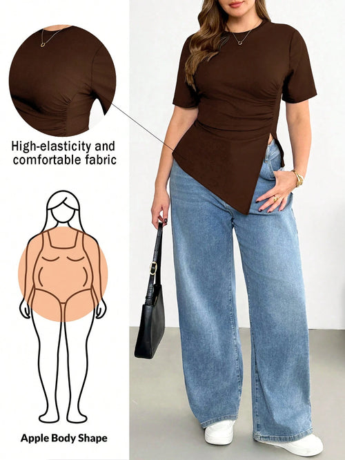 Shapeblank Plus Size Women's Brown Summer Smart Casual Everyday Versatile T-Shirt, Stretchy Comfortable Asymmetric Hem Ruched Waist Short Sleeve Curve Tops