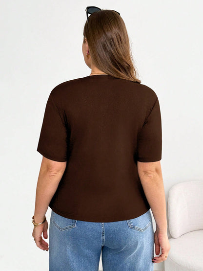 Shapeblank Plus Size Women's Brown Summer Smart Casual Everyday Versatile T-Shirt, Stretchy Comfortable Asymmetric Hem Ruched Waist Short Sleeve Curve Tops