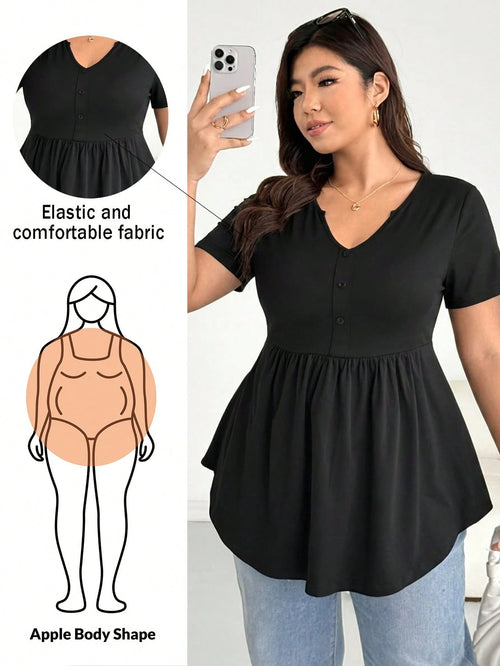Shapeblank Plus-Size Women's Everyday Black Smart Casual Short-Sleeved Babydoll Top, Summer High-Elasticity Versatile T-Shirt Formal Office Baptism