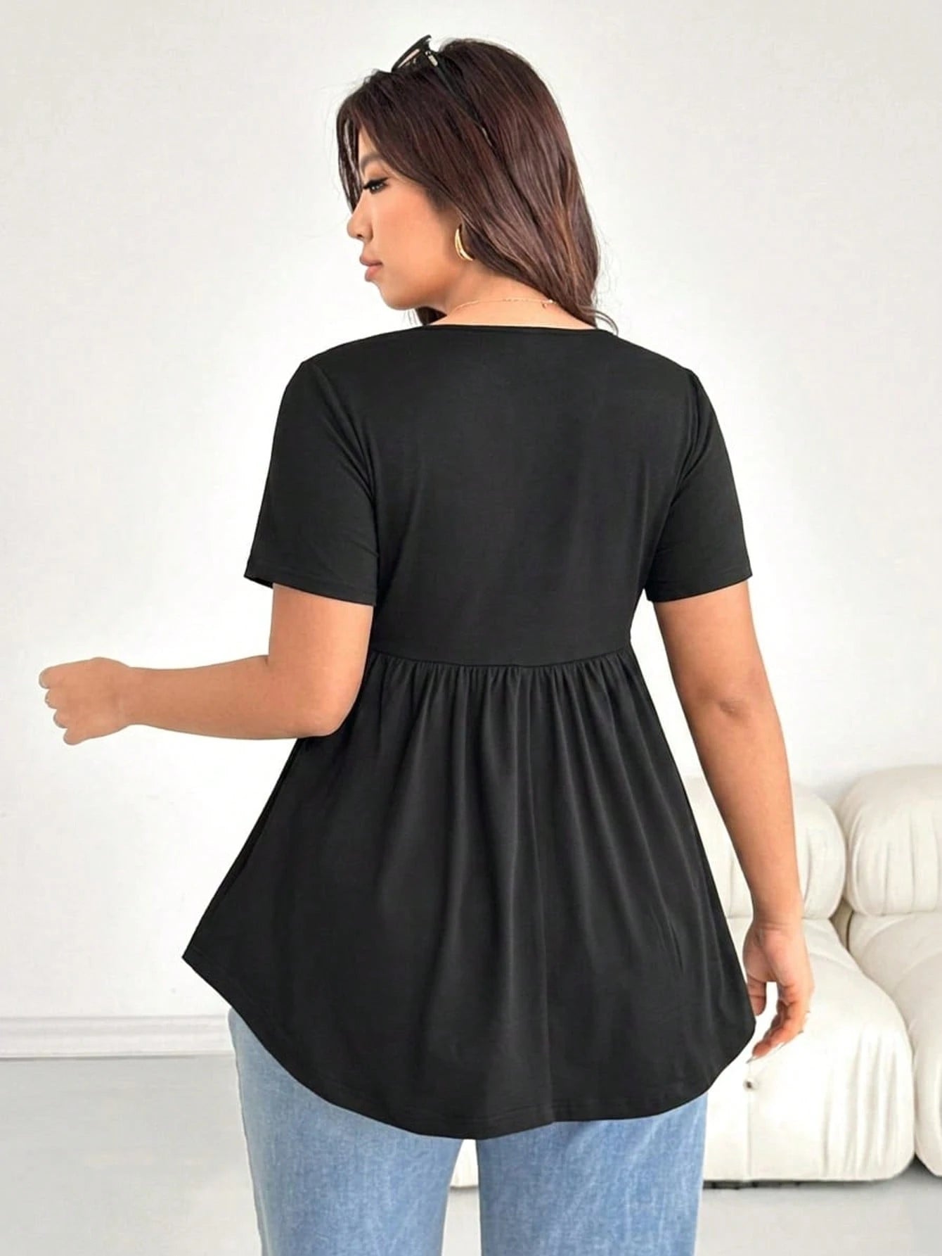 Shapeblank Plus-Size Women's Everyday Black Smart Casual Short-Sleeved Babydoll Top, Summer High-Elasticity Versatile T-Shirt Formal Office Baptism