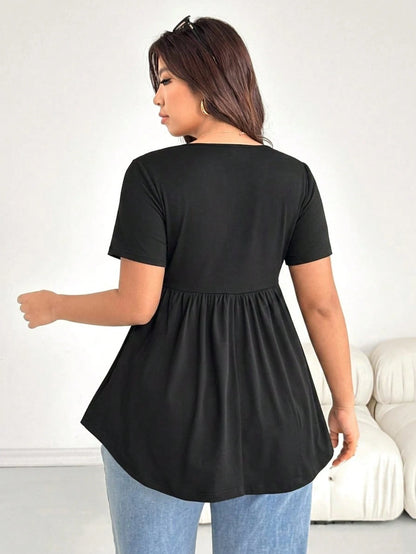 Shapeblank Plus-Size Women's Everyday Black Smart Casual Short-Sleeved Babydoll Top, Summer High-Elasticity Versatile T-Shirt Formal Office Baptism
