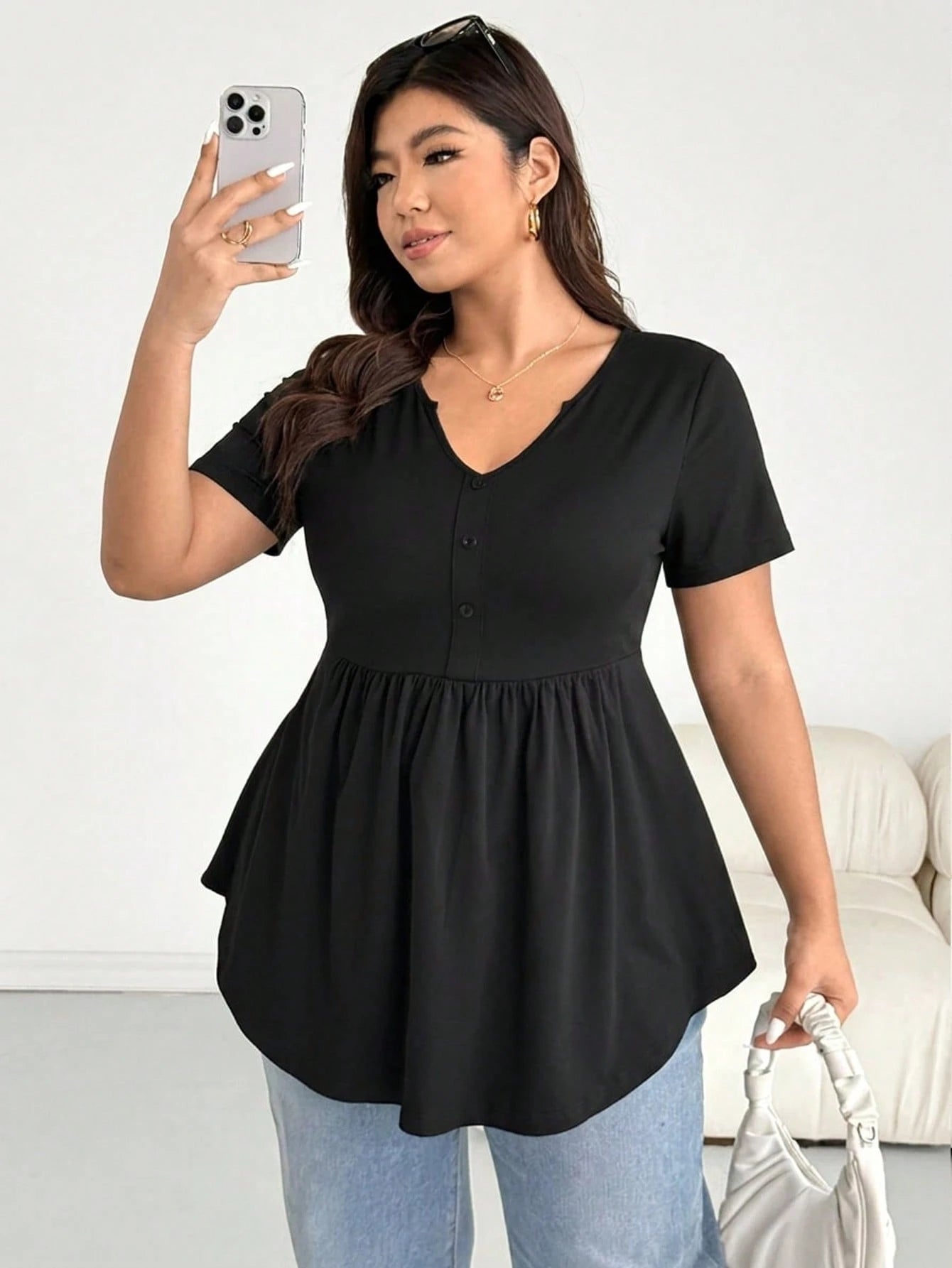 Shapeblank Plus-Size Women's Everyday Black Smart Casual Short-Sleeved Babydoll Top, Summer High-Elasticity Versatile T-Shirt Formal Office Baptism