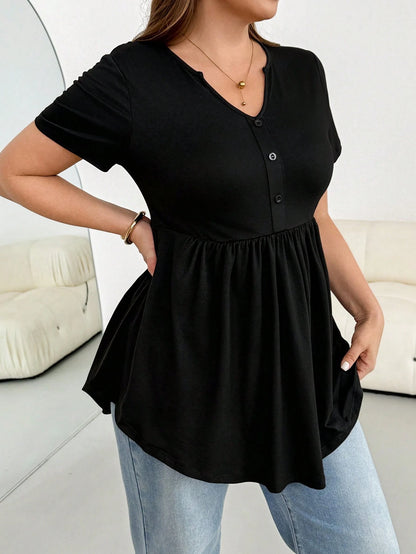 Shapeblank Plus-Size Women's Everyday Black Smart Casual Short-Sleeved Babydoll Top, Summer High-Elasticity Versatile T-Shirt Formal Office Baptism