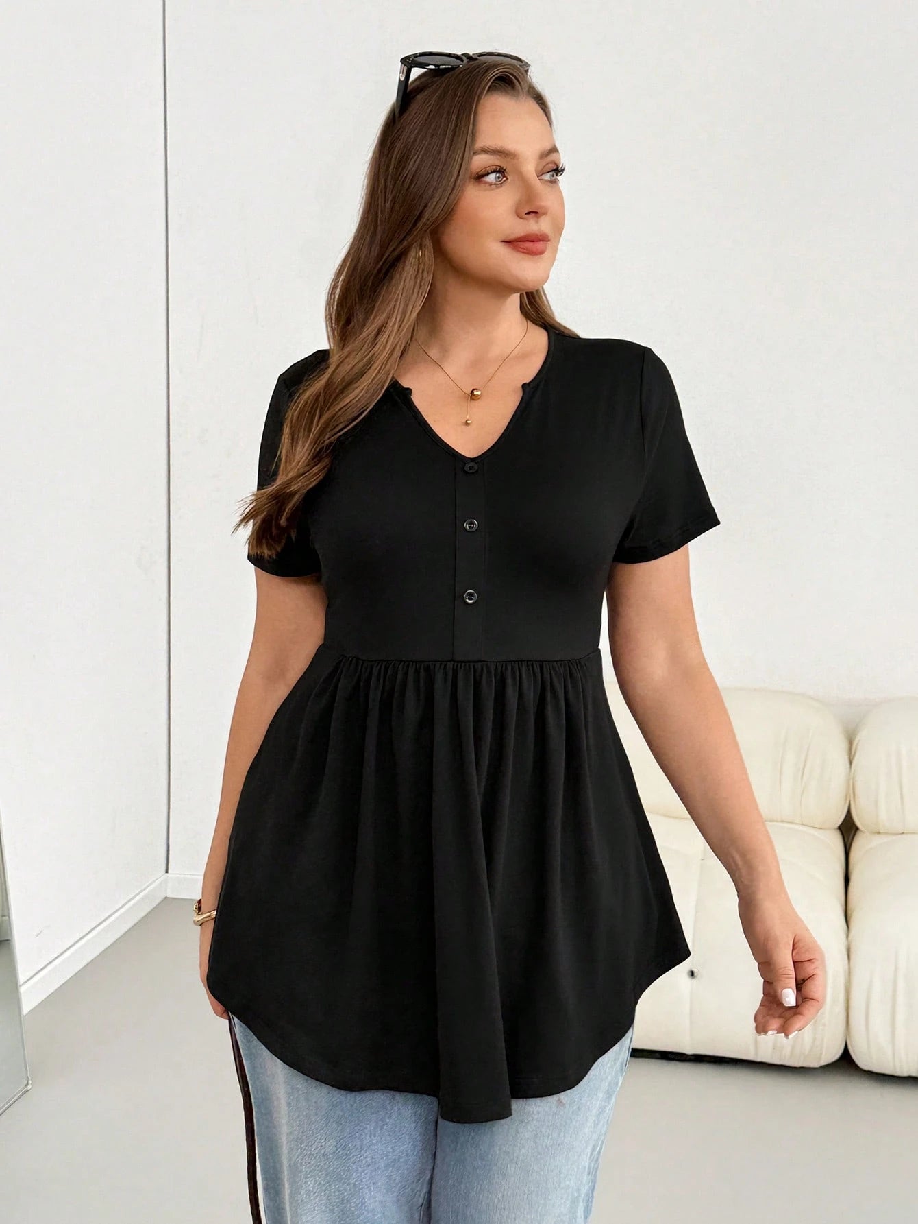 Shapeblank Plus-Size Women's Everyday Black Smart Casual Short-Sleeved Babydoll Top, Summer High-Elasticity Versatile T-Shirt Formal Office Baptism