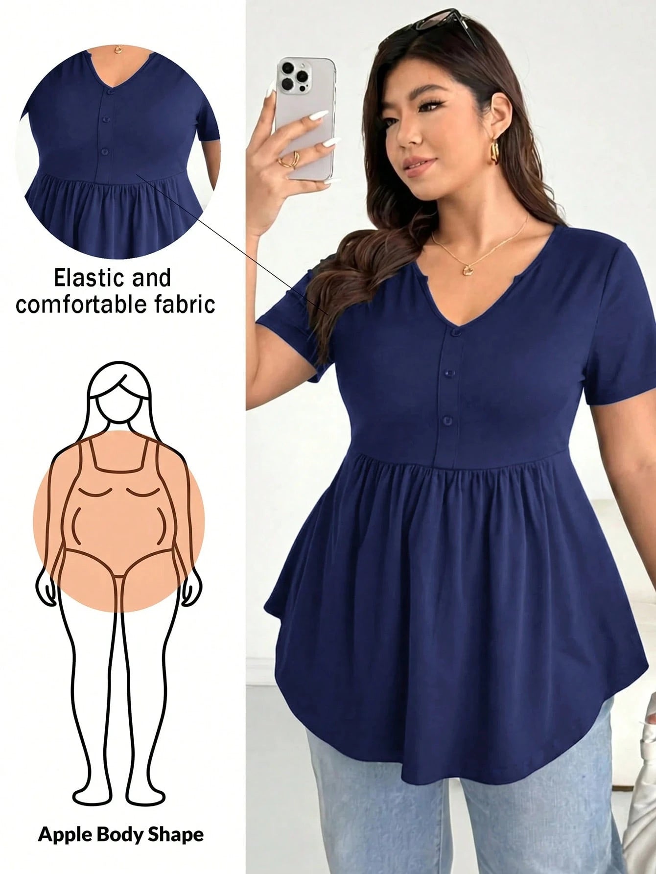 Shapeblank Plus-Size Women's Everyday Black Smart Casual Short-Sleeved Babydoll Top, Summer High-Elasticity Versatile T-Shirt Formal Office Baptism