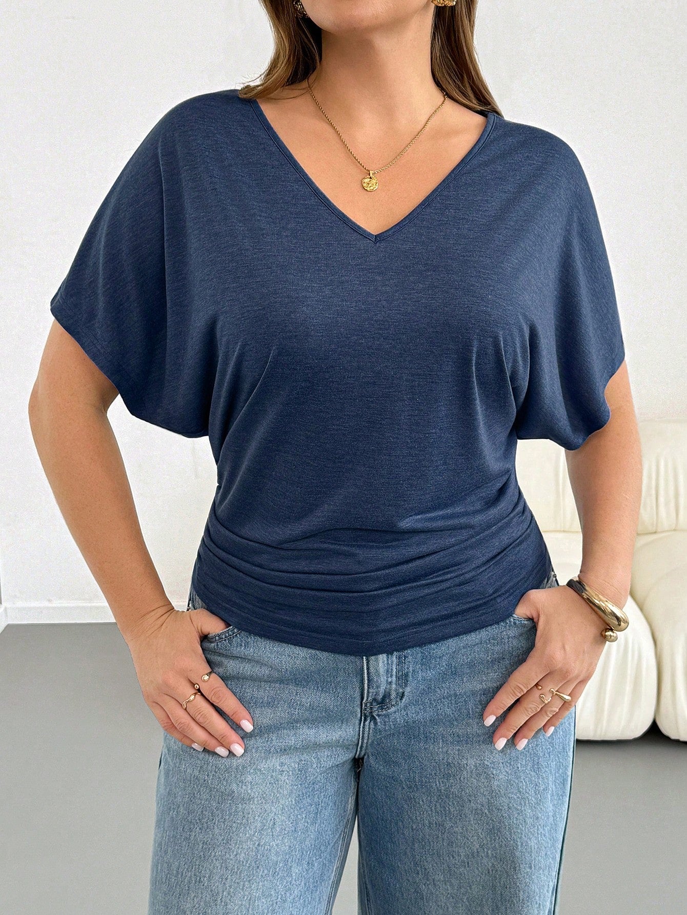 Shapeblank Plus-Size Women's Navy Blue V-Neck Short Sleeve T-Shirt,Sommar Smart Casual Vacation Gathered Waist Stretchy Lightweight Cool Tops Formal Summer