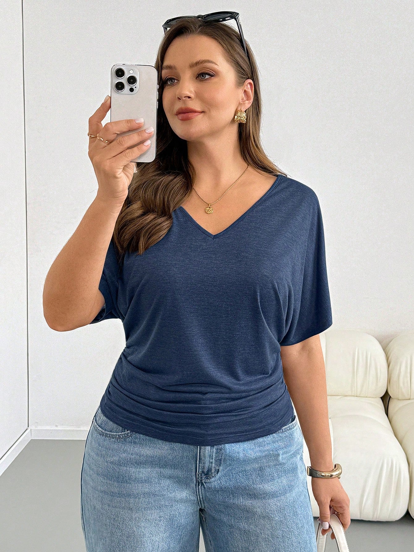 Shapeblank Plus-Size Women's Navy Blue V-Neck Short Sleeve T-Shirt,Sommar Smart Casual Vacation Gathered Waist Stretchy Lightweight Cool Tops Formal Summer