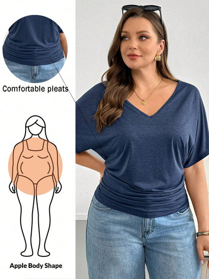 Shapeblank Plus-Size Women's Navy Blue V-Neck Short Sleeve T-Shirt,Sommar Smart Casual Vacation Gathered Waist Stretchy Lightweight Cool Tops Formal Summer