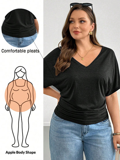 Shapeblank Plus Size Women's Solid Color V-Neck Batwing Short Sleeve Casual T-Shirt Club Formal Black Summer