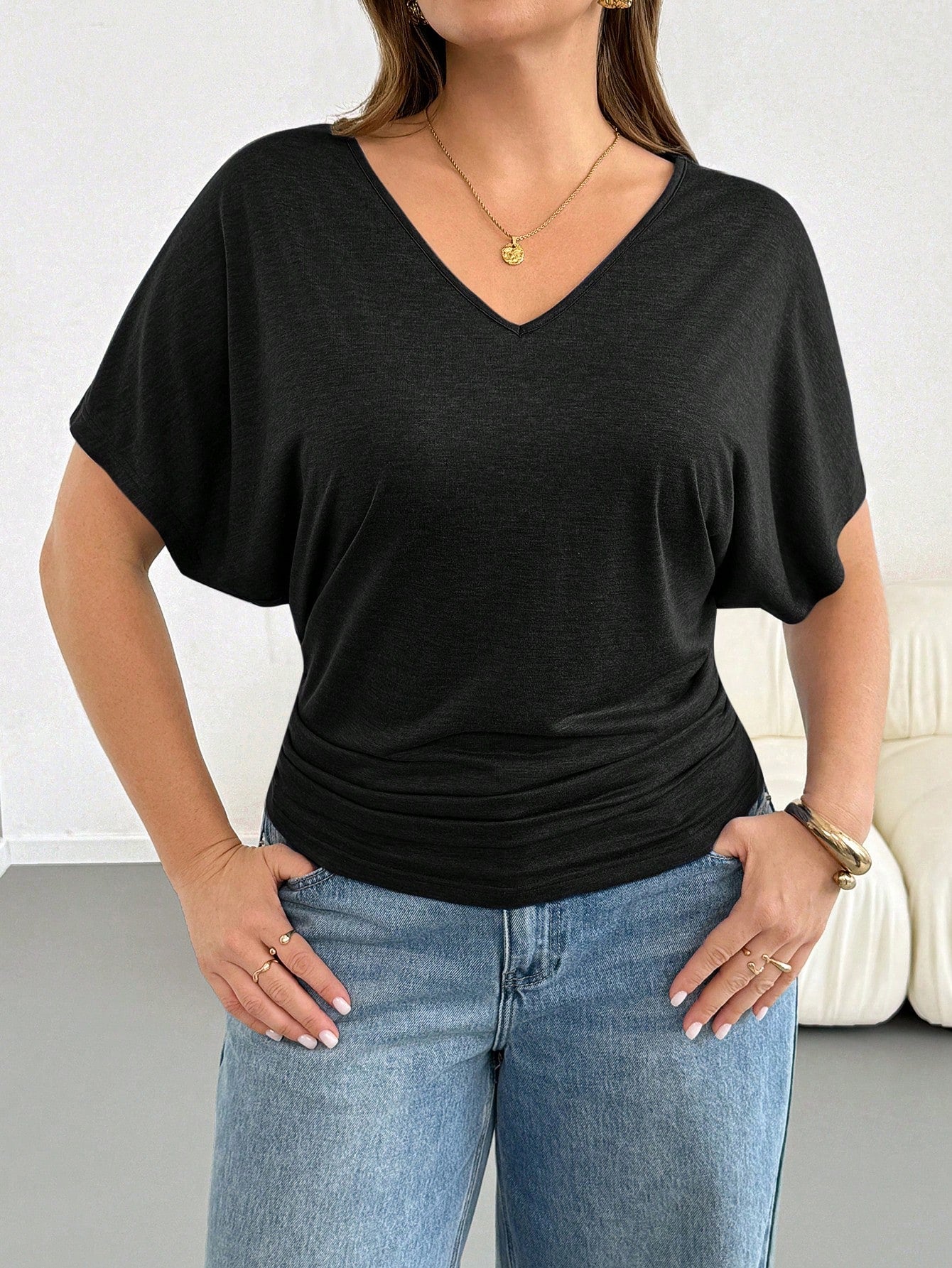 Shapeblank Plus Size Women's Solid Color V-Neck Batwing Short Sleeve Casual T-Shirt Club Formal Black Summer