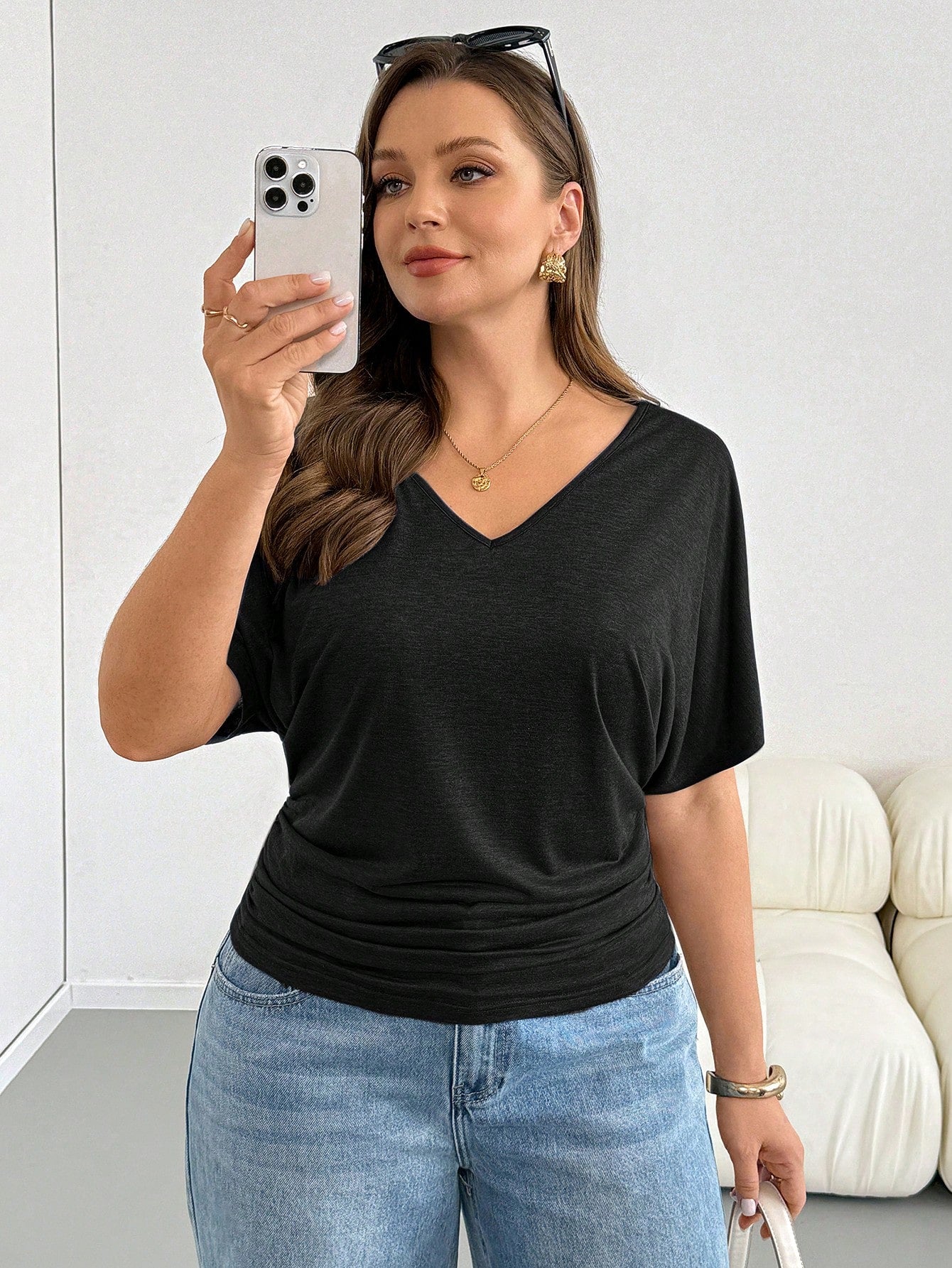 Shapeblank Plus Size Women's Solid Color V-Neck Batwing Short Sleeve Casual T-Shirt Club Formal Black Summer