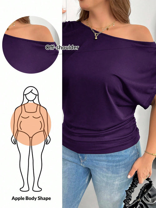 Shapeblank Plus Size Women's Spring And Summer Fashion Casual Loose And Comfortable Daily Versatile Slim Black Off-Shoulder Short-Sleeved T-Shirt, Simple Style,Work Tops,European Summer,Off The Should