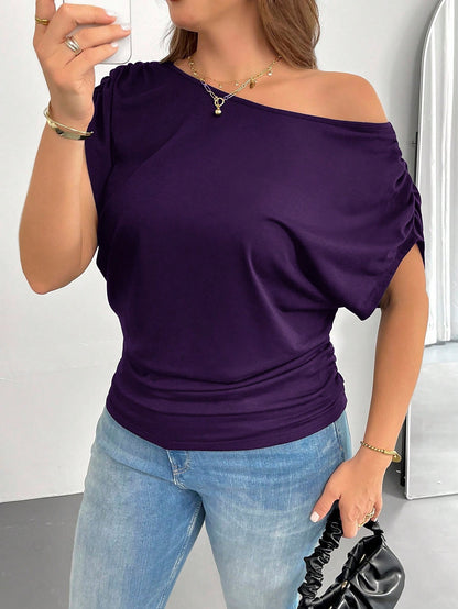 Shapeblank Plus Size Women's Spring And Summer Fashion Casual Loose And Comfortable Daily Versatile Slim Black Off-Shoulder Short-Sleeved T-Shirt, Simple Style,Work Tops,European Summer,Off The Should