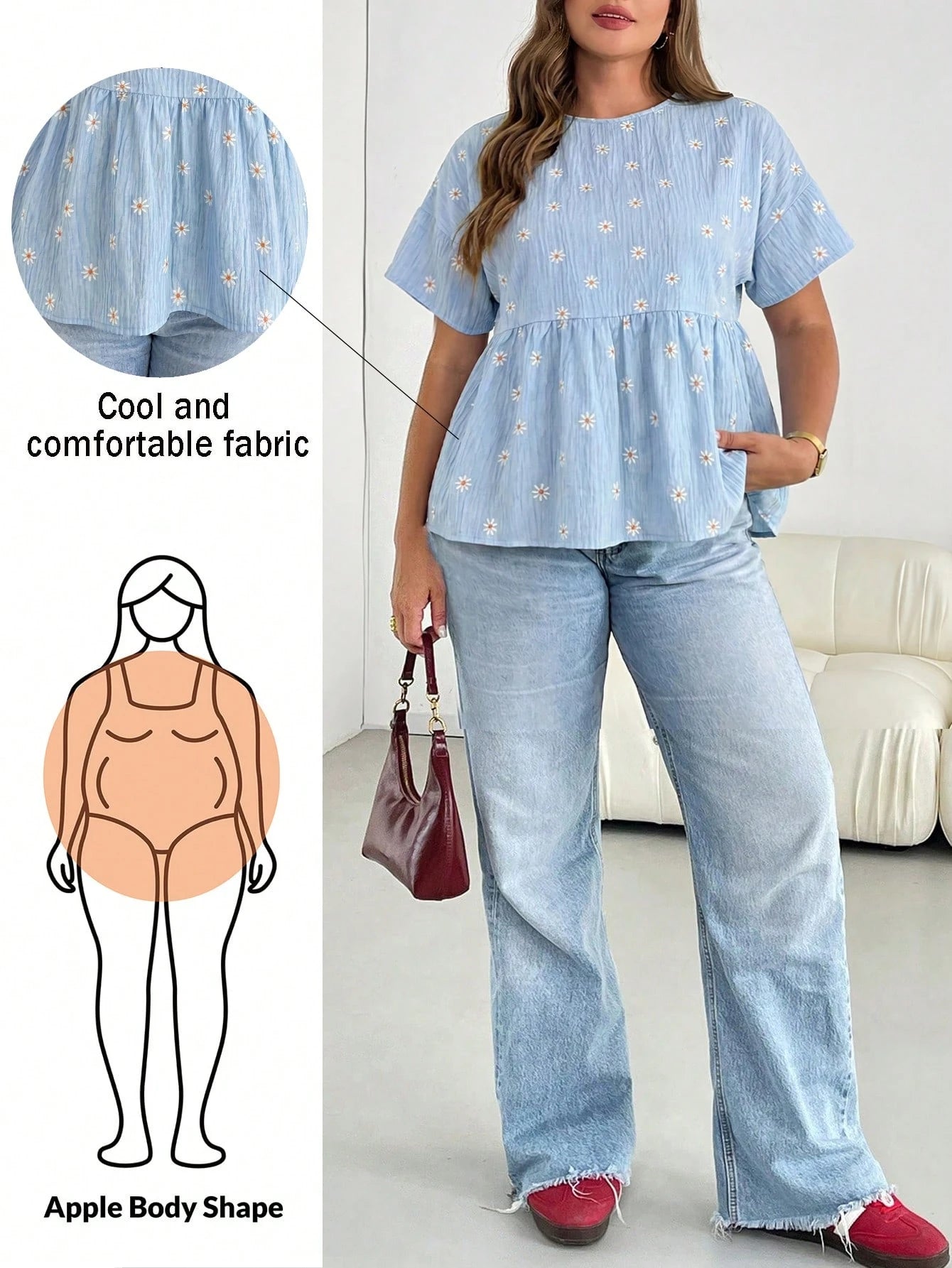 Shapeblank Plus Size Women's Spring/Summer Fashion Casual Loose Comfortable Daily Basic Versatile Slimming Daisy Blue Print Short Sleeve Doll Top, Women's Shirt, Outing, Vacation, Minimalist Style