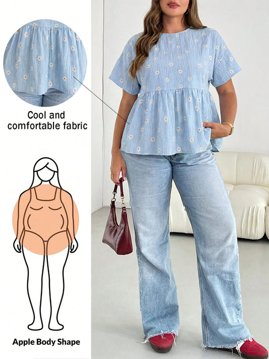 Shapeblank Plus Size Women's Spring/Summer Fashion Casual Loose Comfortable Daily Basic Versatile Slimming Daisy Blue Print Short Sleeve Doll Top, Women's Shirt, Outing, Vacation, Minimalist Style