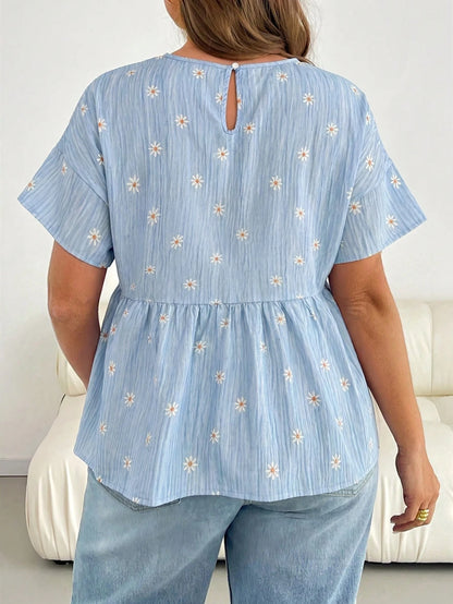 Shapeblank Plus Size Women's Spring/Summer Fashion Casual Loose Comfortable Daily Basic Versatile Slimming Daisy Blue Print Short Sleeve Doll Top, Women's Shirt, Outing, Vacation, Minimalist Style