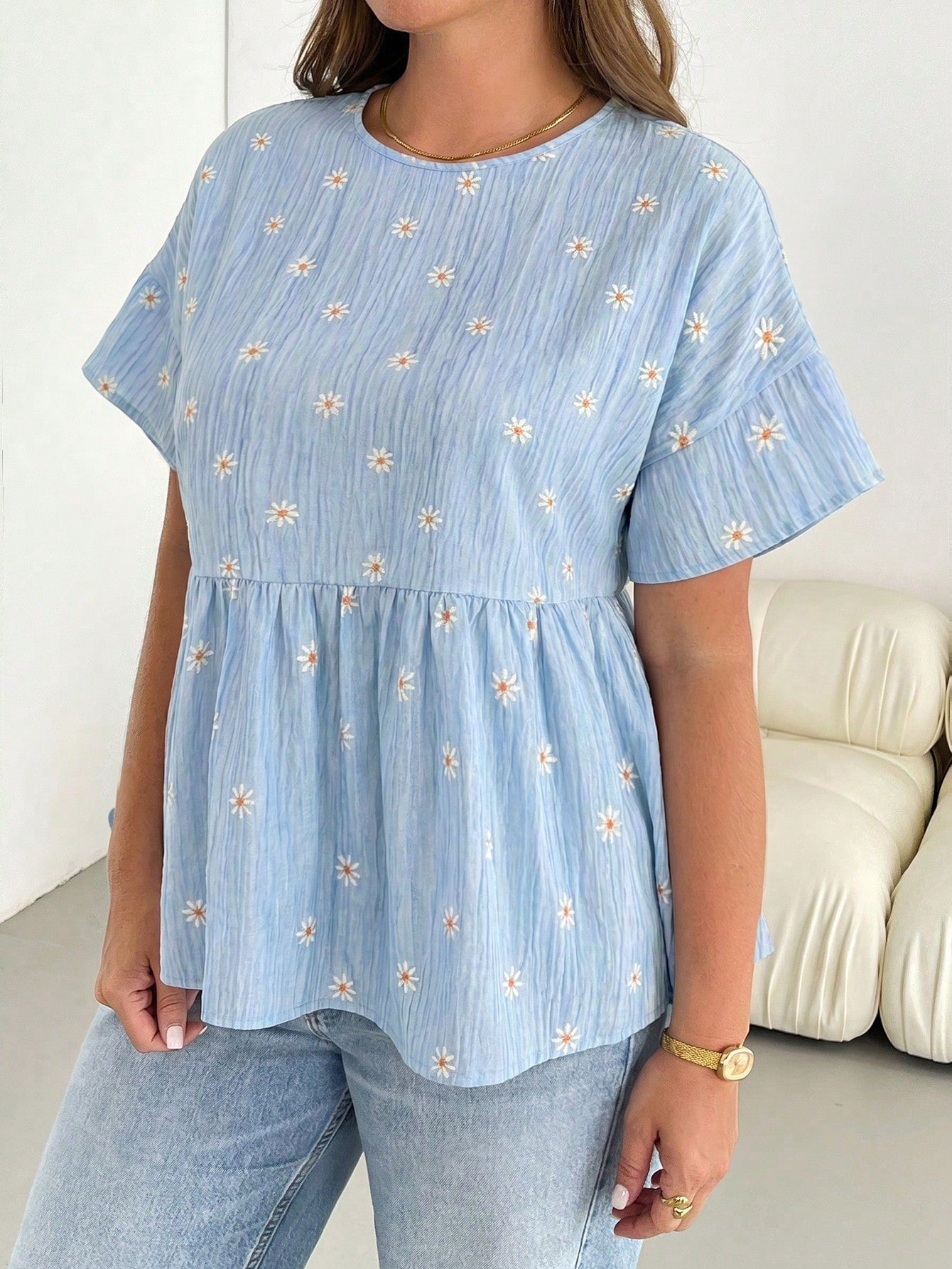 Shapeblank Plus Size Women's Spring/Summer Fashion Casual Loose Comfortable Daily Basic Versatile Slimming Daisy Blue Print Short Sleeve Doll Top, Women's Shirt, Outing, Vacation, Minimalist Style
