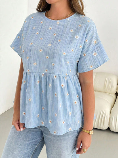 Shapeblank Plus Size Women's Spring/Summer Fashion Casual Loose Comfortable Daily Basic Versatile Slimming Daisy Blue Print Short Sleeve Doll Top, Women's Shirt, Outing, Vacation, Minimalist Style