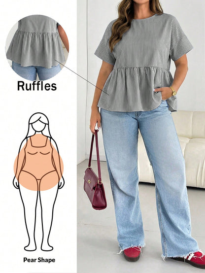 Shapeblank Plus Size Women's Spring/Summer Fashion Casual Loose Comfortable Daily Basic Versatile Slimming Daisy Blue Print Short Sleeve Doll Top, Women's Shirt, Outing, Vacation, Minimalist Style