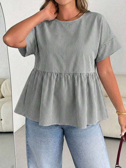 Shapeblank Plus Size Women's Spring/Summer Fashion Casual Loose Comfortable Daily Basic Versatile Slimming Daisy Blue Print Short Sleeve Doll Top, Women's Shirt, Outing, Vacation, Minimalist Style
