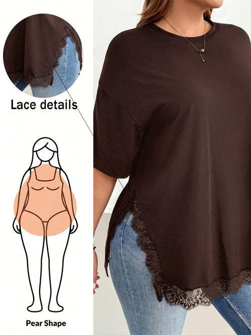 Shapeblank Plus-Size Women's Spring/Summer Fashionable Casual Elegant Loose Comfortable Everyday Holiday Basic Versatile Slimming Lace Trim Brown T-Shirt