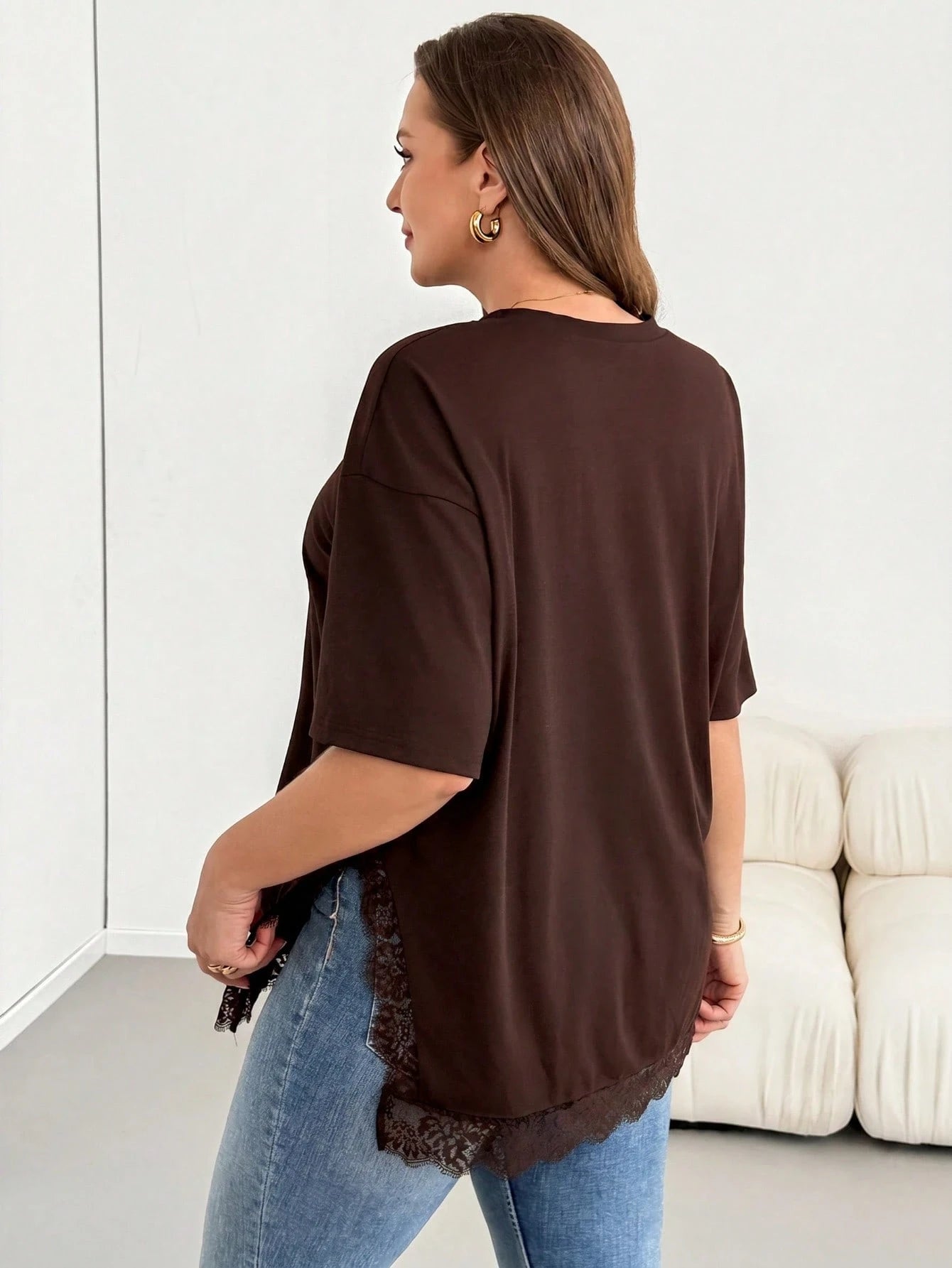 Shapeblank Plus-Size Women's Spring/Summer Fashionable Casual Elegant Loose Comfortable Everyday Holiday Basic Versatile Slimming Lace Trim Brown T-Shirt