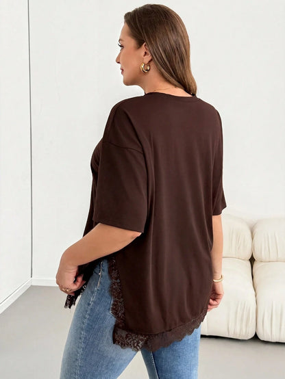 Shapeblank Plus-Size Women's Spring/Summer Fashionable Casual Elegant Loose Comfortable Everyday Holiday Basic Versatile Slimming Lace Trim Brown T-Shirt