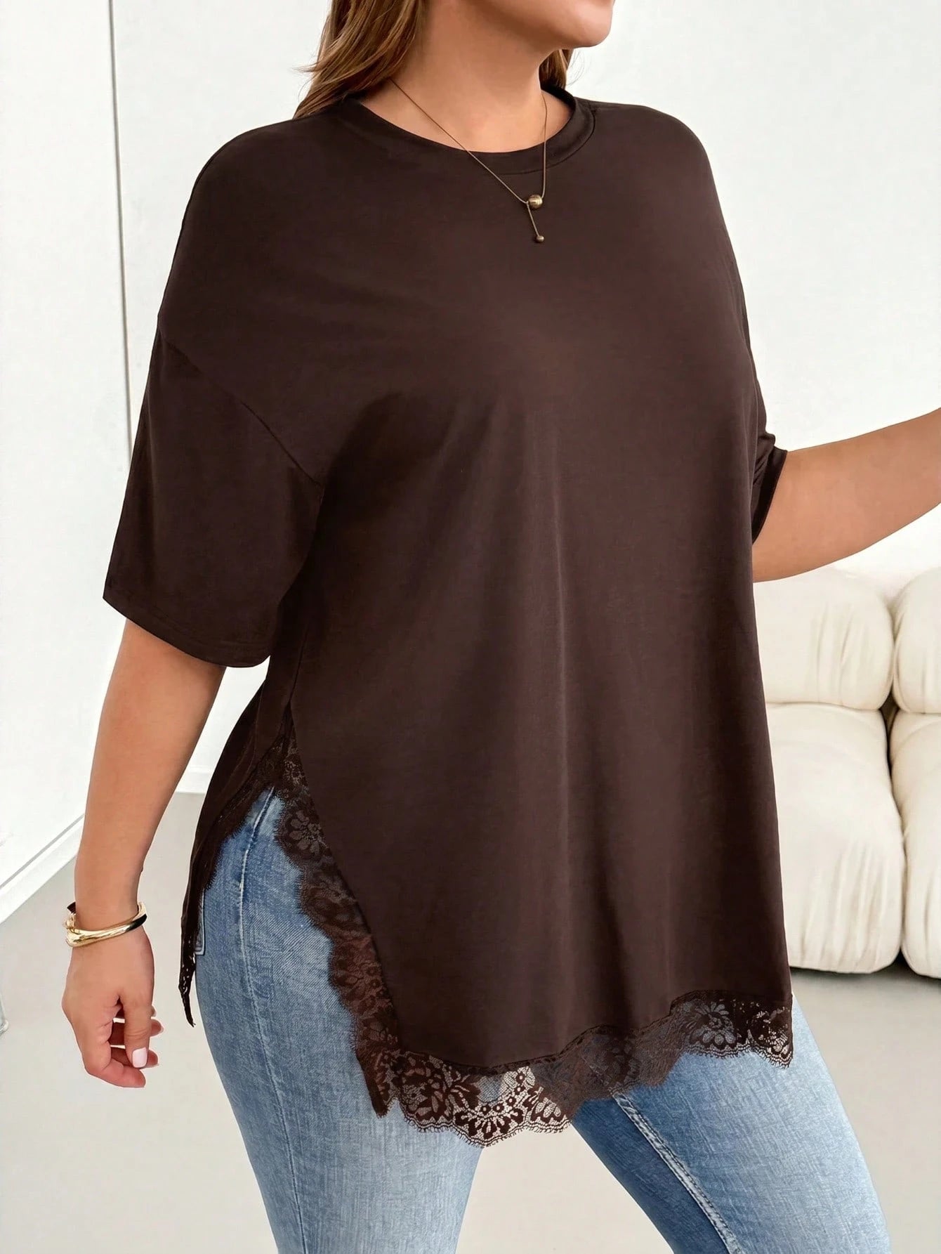 Shapeblank Plus-Size Women's Spring/Summer Fashionable Casual Elegant Loose Comfortable Everyday Holiday Basic Versatile Slimming Lace Trim Brown T-Shirt
