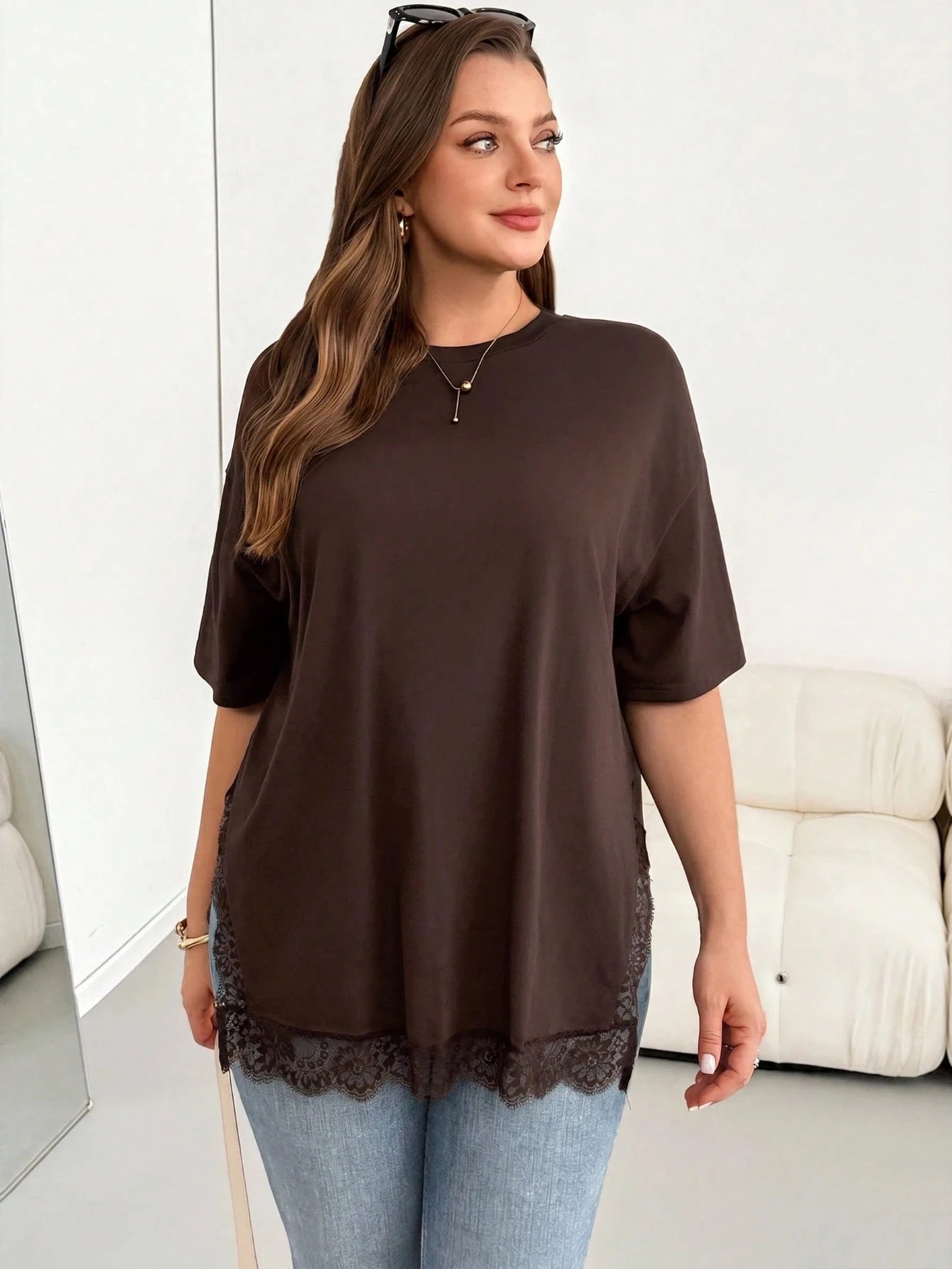Shapeblank Plus-Size Women's Spring/Summer Fashionable Casual Elegant Loose Comfortable Everyday Holiday Basic Versatile Slimming Lace Trim Brown T-Shirt